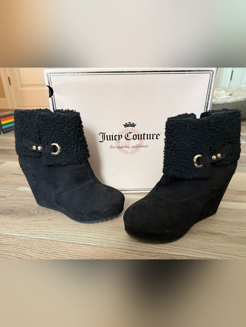 Juicy Couture Black Shearling Cuff Wedge Boots